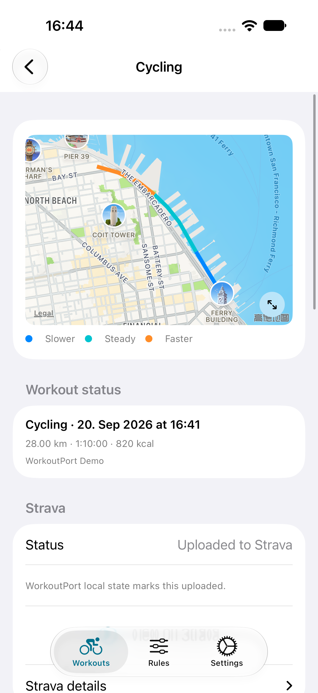 WorkoutPort cycling detail showing a route map, workout metrics, and Strava status