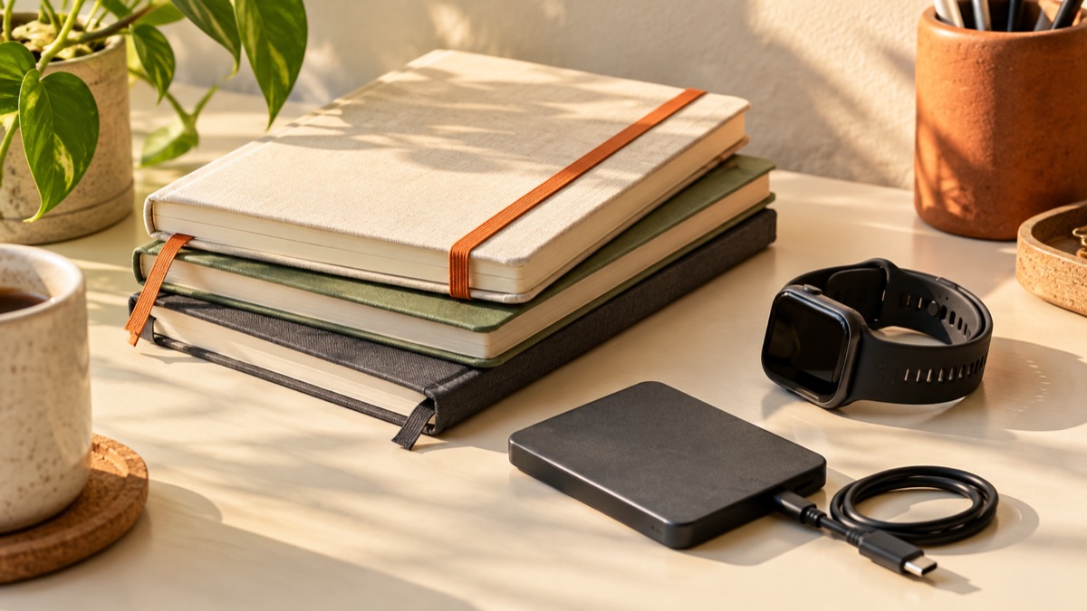 Training notebooks, a sport watch and an external drive on a desk.