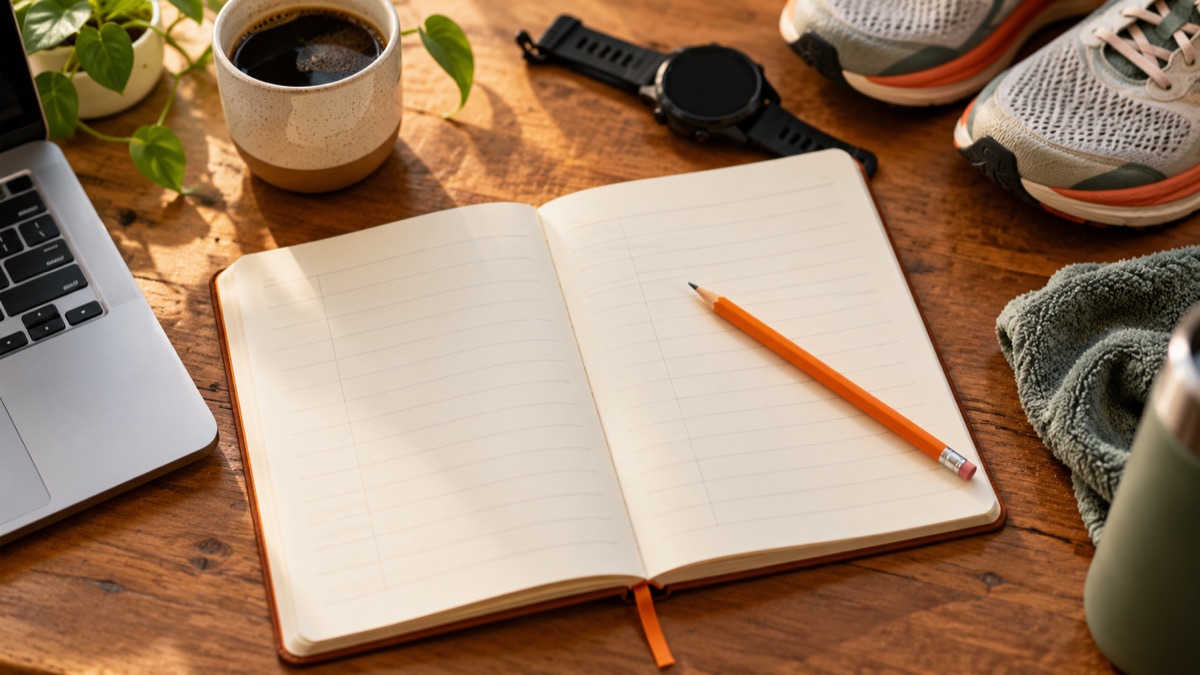 An open training notebook, pencil and watch on a warm wooden desk.
