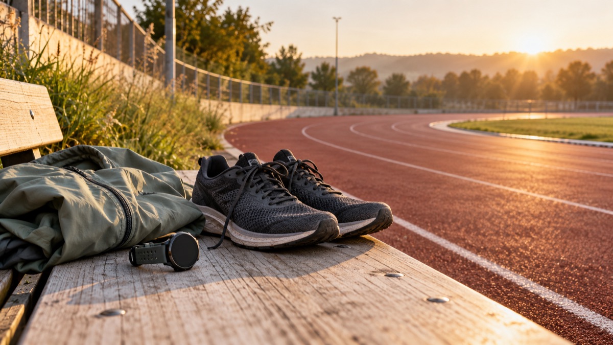 Running shoes and a watch resting beside an empty running track.