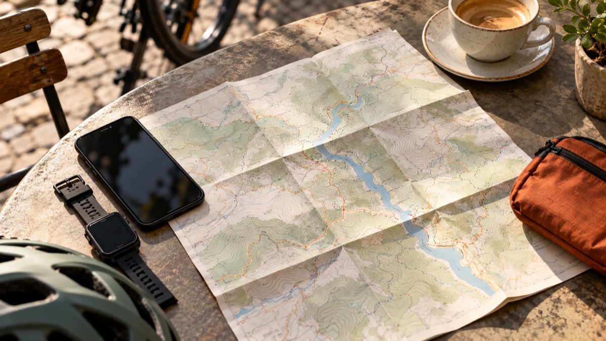 A phone and sport watch beside a folded map on an outdoor table.
