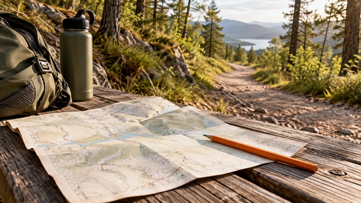 A paper map and pencil beside a trail through the trees.
