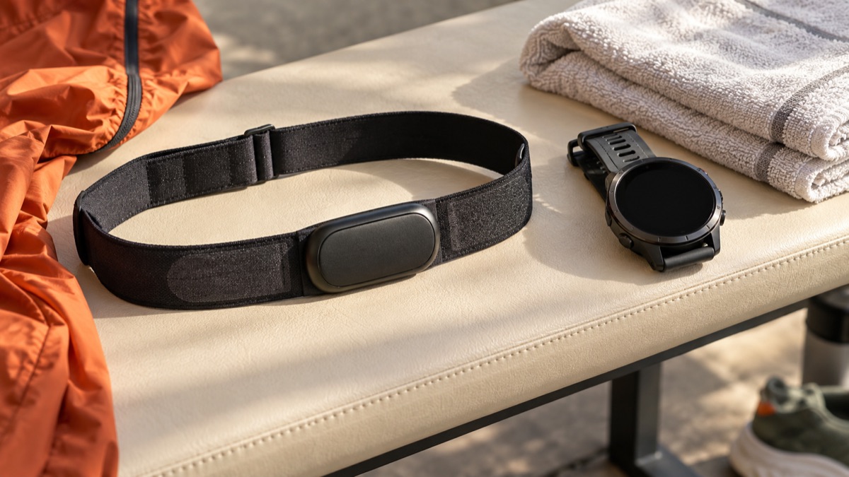 A heart-rate chest strap and sport watch beside a folded towel.