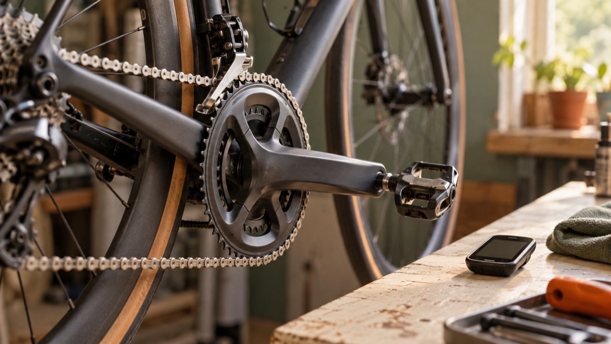 A bicycle crank and chain beside a cycling computer in a workshop.