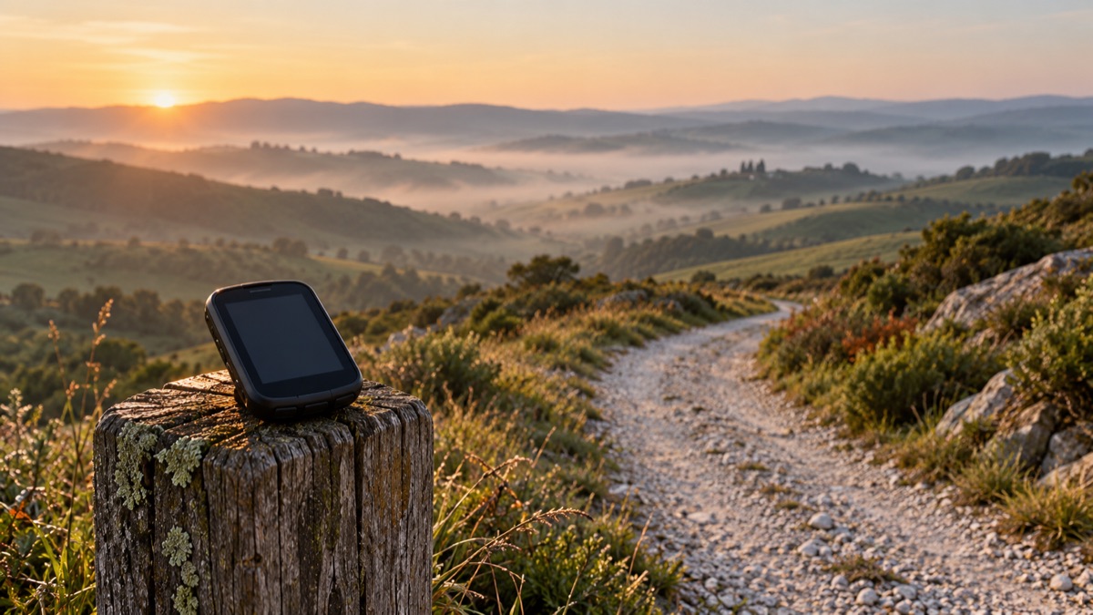 A bike computer beside a gravel path winding into misty hills.
