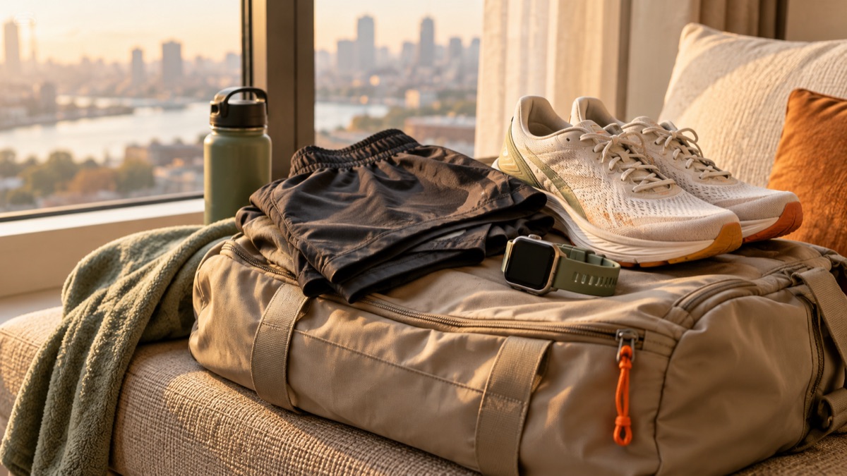 A sport watch and running kit packed beside a sunlit window.