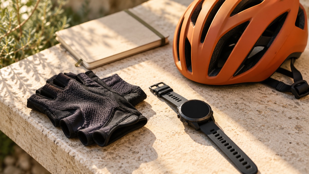 Orange cycling helmet, gloves and a sport watch on a sunlit bench.