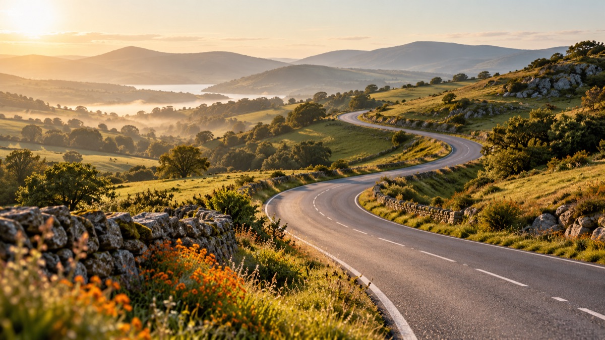 A winding road through green hills in soft morning light.