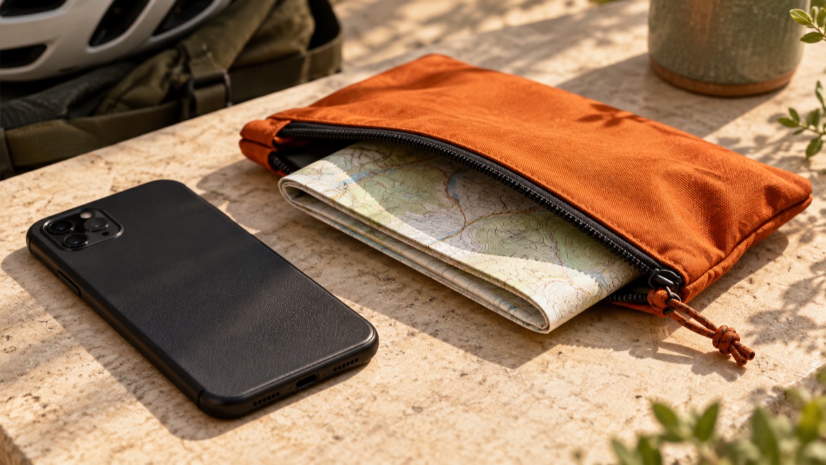 A folded map tucked into a pouch beside a face-down phone.